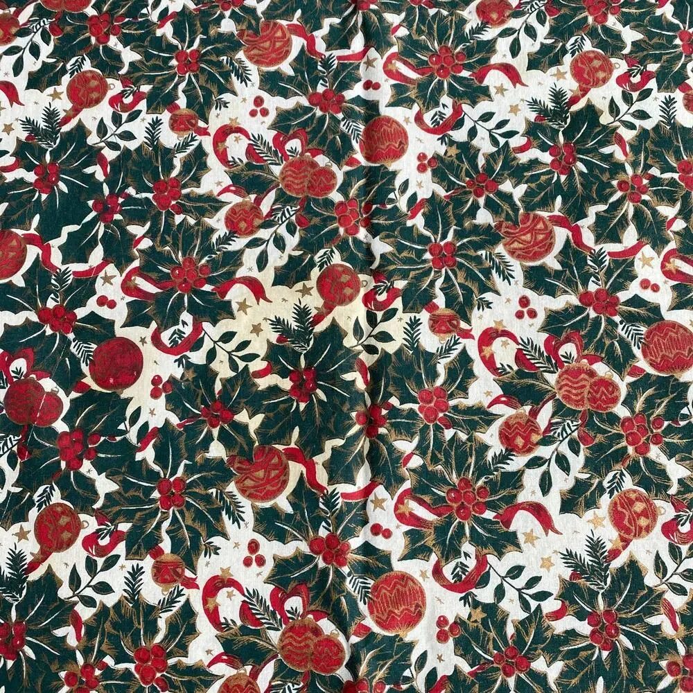 Christmas tablecloth cream red green holly & ornaments festive traditional cloth